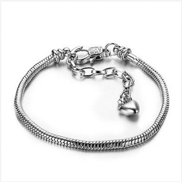 Silver European Starter Charm Bracelet Heart Lock Key Diamond Crystal Pendant - Picture 4 of 4